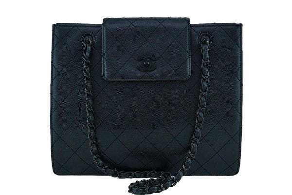 Chanel So Black Caviar Medium Quilted Classic Tote Bag Flap Closure - Boutique Patina