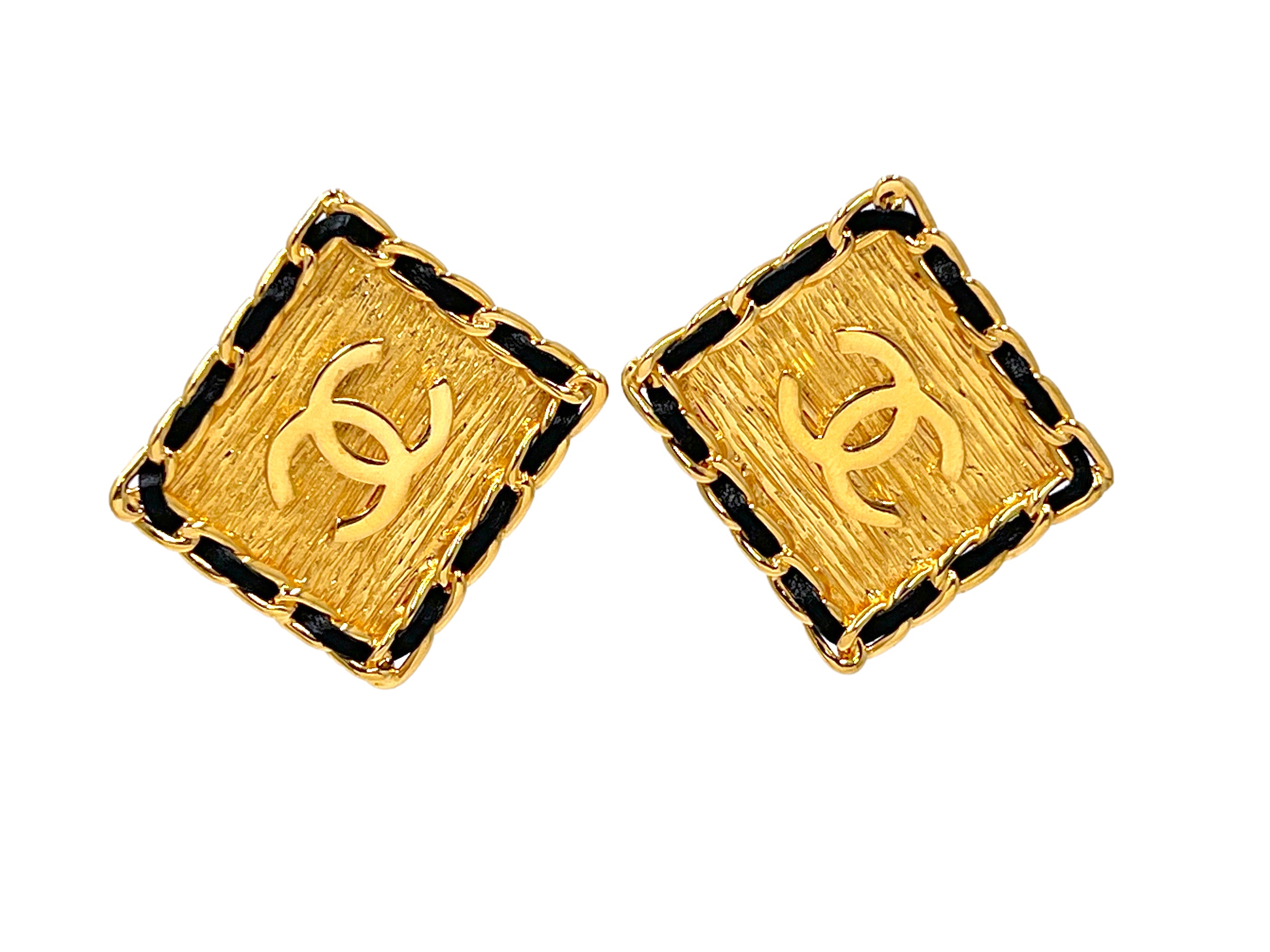 Chanel Vintage Collection 26 Square CC Logo Woven Chain Framed Giant Stud Earrings