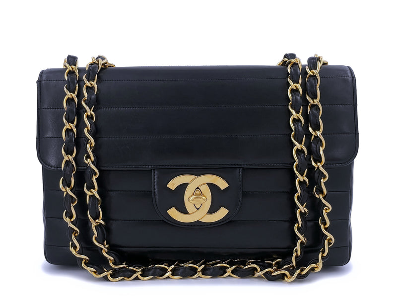 Rare Chanel 1996 Vintage Black Horizontal Jumbo Classic Flap Bag 24k GHW Lambskin - Boutique Patina
