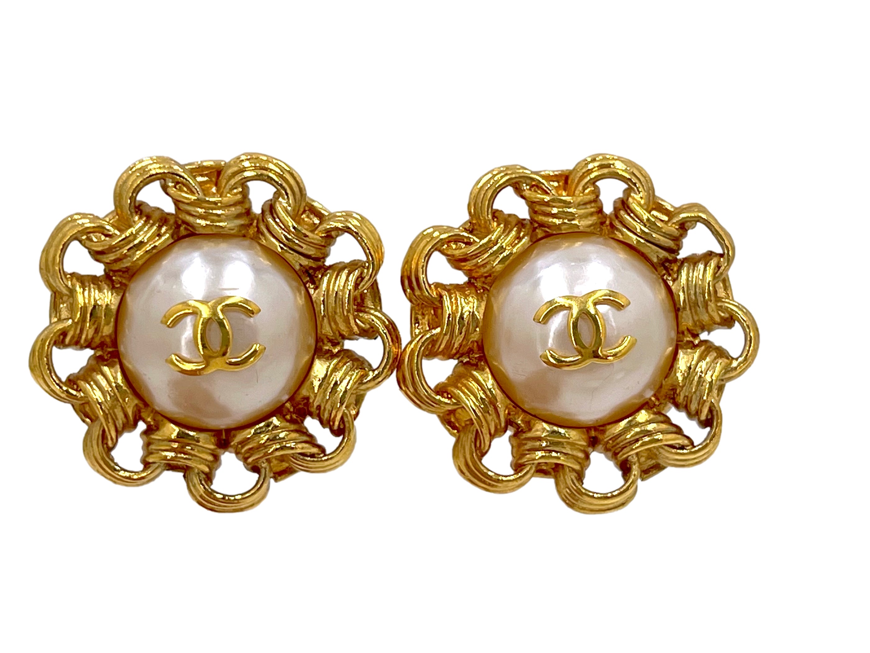 Chanel 93A Vintage Pearl and Bijoux Chain Border Giant Large Stud Earrings