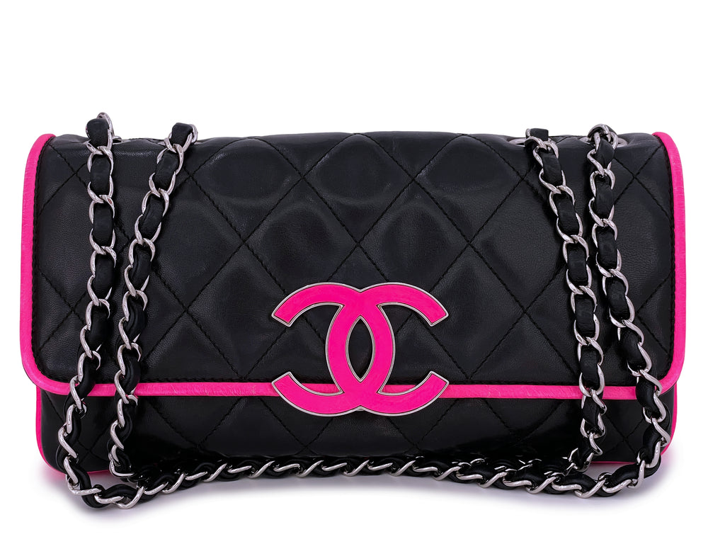 Chanel Black and Neon Pink Cruise Logo Accordion Jumbo Classic