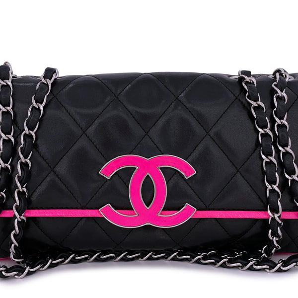 Chanel Electric Neon Pink & Black Large CC Logo Quilted Flap Bag