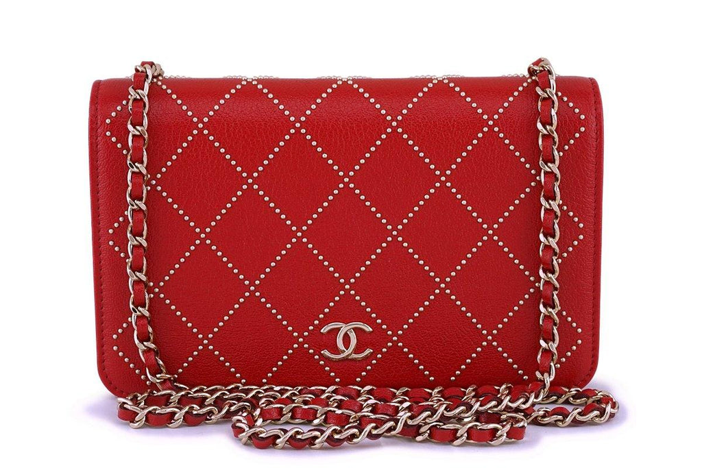 NIB 19P Chanel Red Goatskin Studded Classic Wallet on Chain WOC