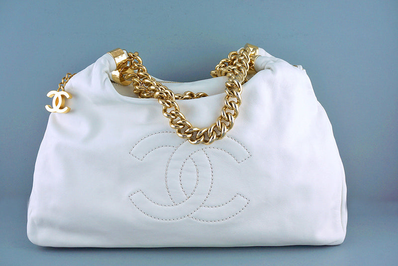 Chanel White Soft Chunky Chain Rodeo Drive Hobo Tote Bag