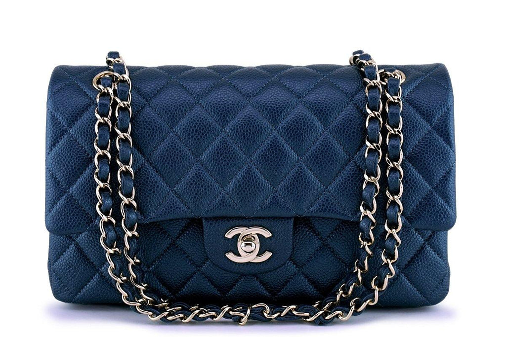 Navy Quilted Caviar Small Flap Bag Gold Hardware