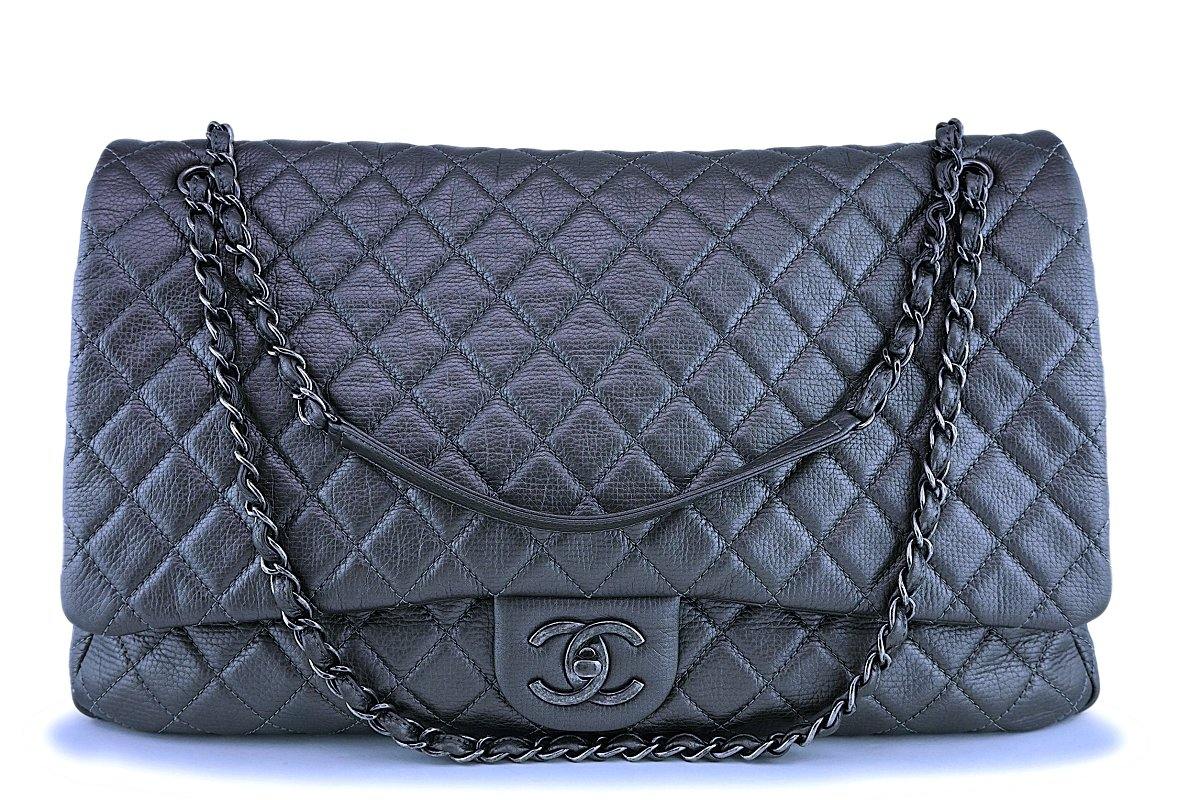 Chanel Dark Silver Ltd Airlines Runway Travel XXL Classic Flap Bag GHW Boutique Patina