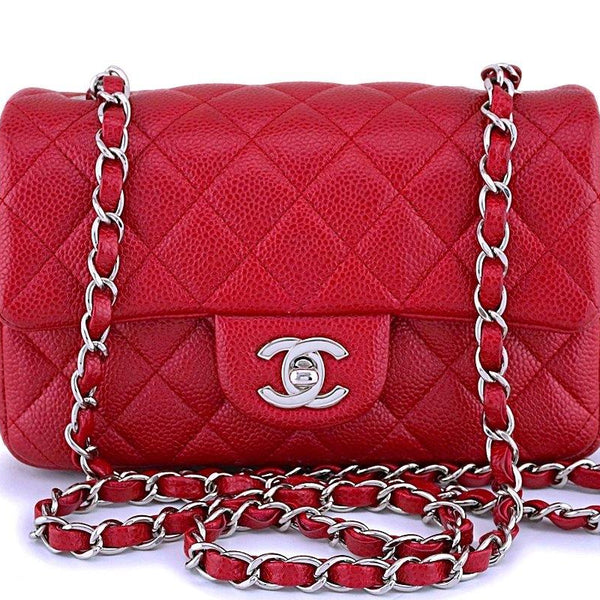 Chanel Dark Pink Quilted Caviar Mini Rectangular Classic Single Flap Silver Hardware, 2018 (Like New), Womens Handbag