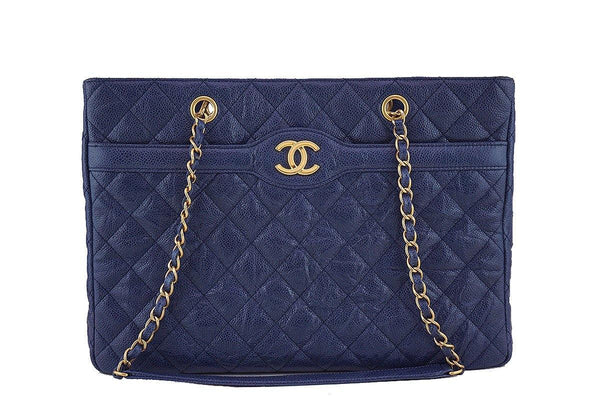Chanel Navy Blue Caviar Classic Quilted Shopper Tote Bag - Boutique Patina