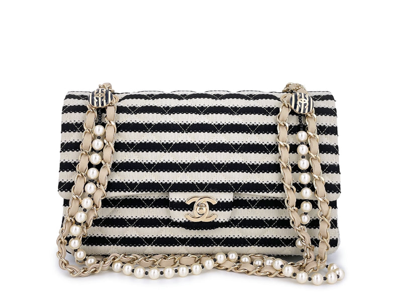 Chanel Ivory-Black Coco Sailor Pearls Medium Classic Flap Bag GHW