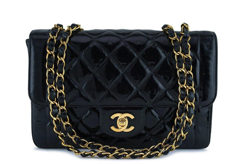 Chanel Black Vintage Patent Classic Medium Quilted Flap Bag GHW - Boutique Patina