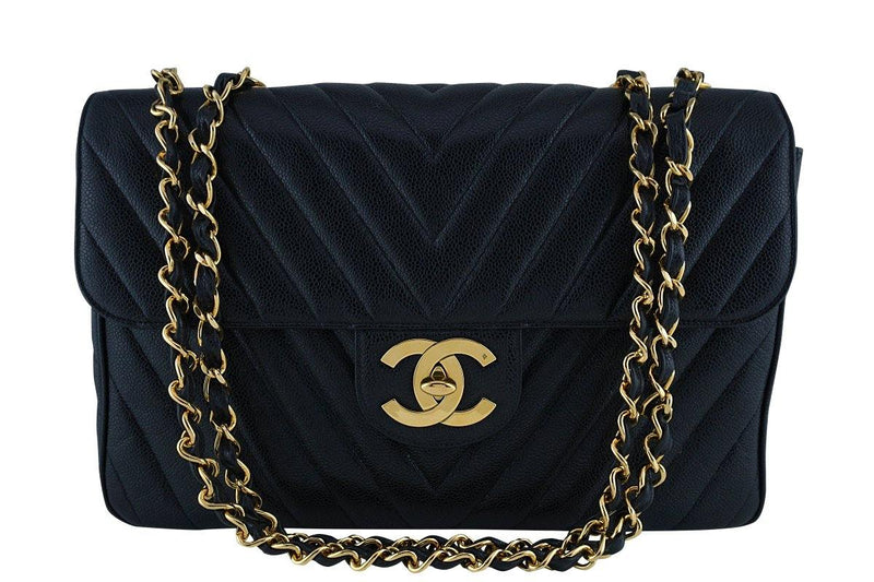 Chanel Vintage Black Caviar Chevron Maxi Classic Jumbo XL Flap Bag - Boutique Patina