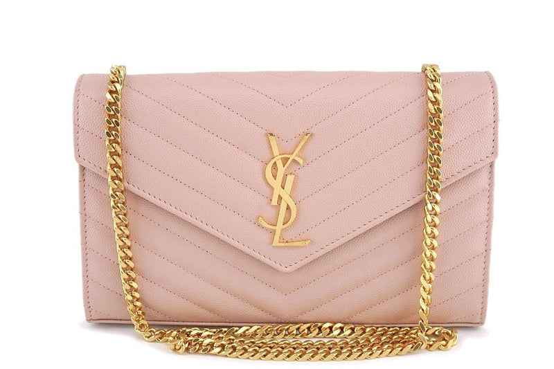 YSL Saint Laurent Nude Pink Powder Beige Grain de Poudre Wallet on Chain WOC Bag SHW - Boutique Patina