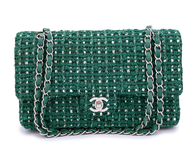 Chanel Vintage Green Tweed Medium Classic Double Flap Bag SHW