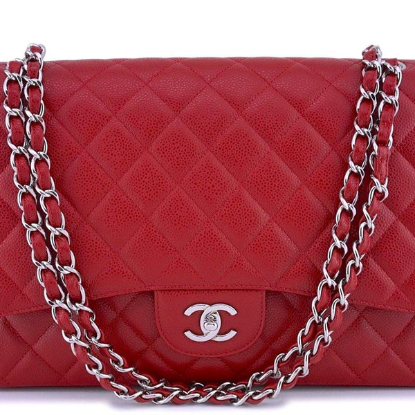 Chanel 10C Red Caviar Maxi Quilted Classic 2.55 Jumbo XL Flap Bag