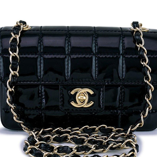 Chanel Black Patent Quilted Extra Mini Flap Bag 18k gold plated