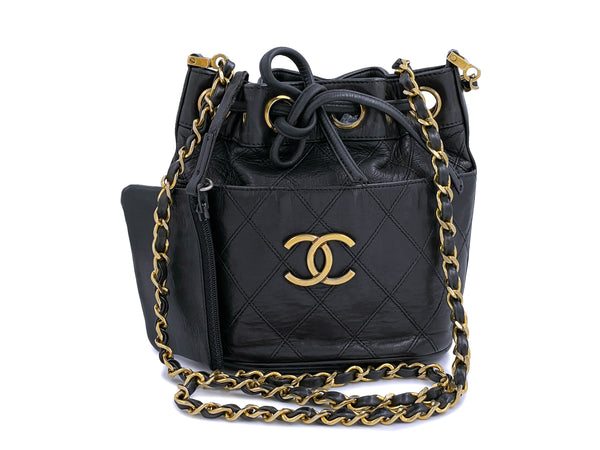 Rare Chanel Vintage 1987 Miniature Drawstring Mini Bucket Bag 24k GHW Black - Boutique Patina