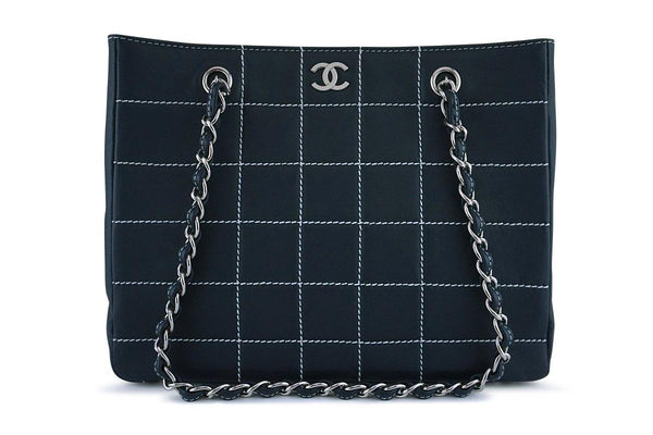 Chanel Navy Blue-Black Contrast Stitch Quilted Shopper Tote Bag - Boutique Patina