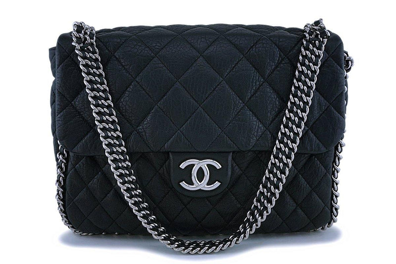 Chanel Black Calfskin Maxi Jumbo XL Luxe Chain Around Flap Bag SHW