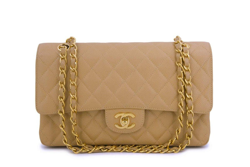 Vintage CHANEL Brown Beige Caviar Leather Chain Tote Bag 