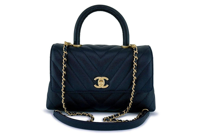 New 18A Chanel Navy Chevron Caviar Coco Lizard Handle Flap Bag – Boutique  Patina
