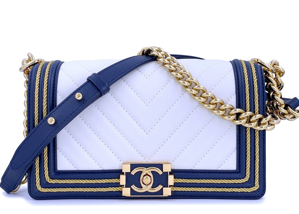 Chanel 19C By the Sea White Chevron Navy Blue Gold Rope