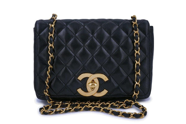 Rare Chanel Vintage Black Lambskin Full Flap Crossbody Bag 24k GHW - Boutique Patina