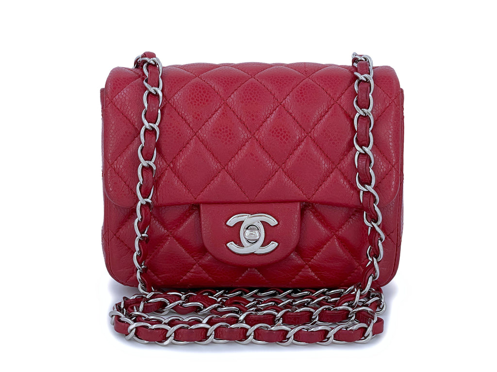 Square Mini Flap Bag Quilted Caviar Leather with SHW Hot Pink