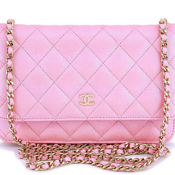 NIB 19S Chanel Iridescent Pearly Pink Classic Wallet on Chain WOC