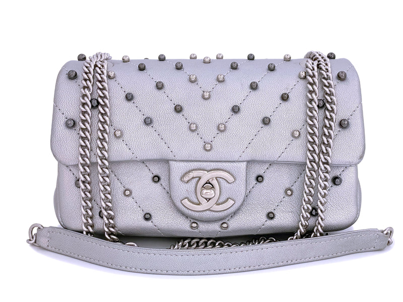 Chanel Silver Chevron Pearl Lambskin Rectangular Mini Flap Bag SHW - Boutique Patina