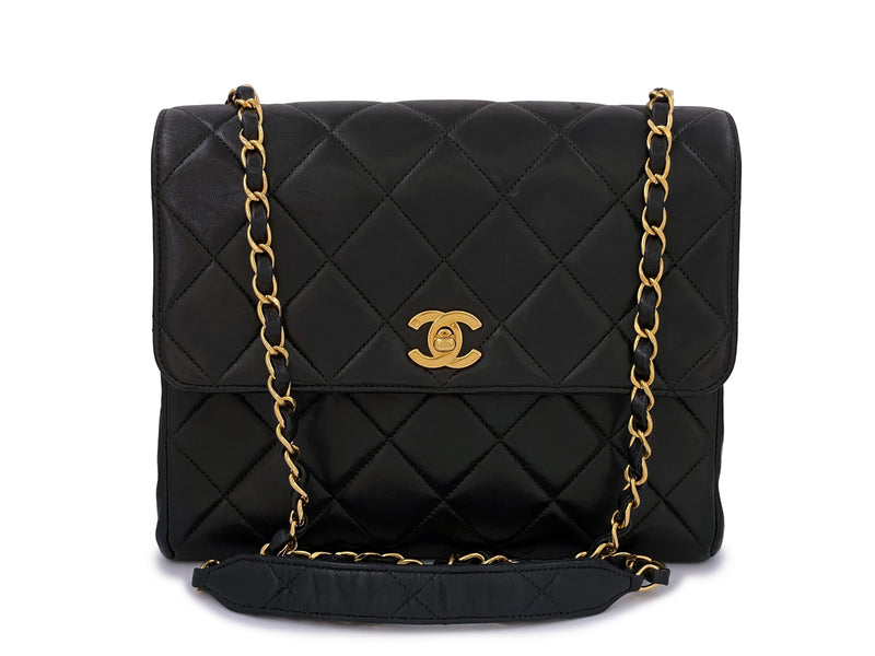 Chanel Vintage Black Square Medium Crossbody Flap Bag 24k GHW Lambskin - Boutique Patina