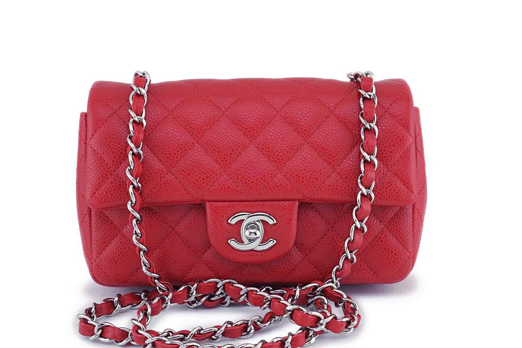 Chanel Square Classic Single Flap Bag Quilted Caviar Mini Red