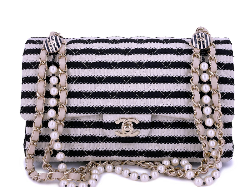 Mini Square Bag Quilted Pattern Faux Pearl Beaded Strap Flap