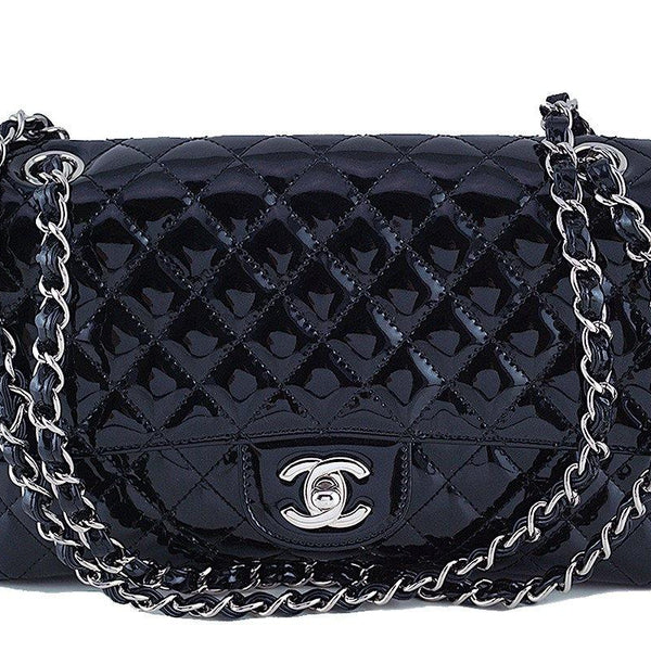 Chanel Black Glossy Patent Quilted Classic Label Flap Bag