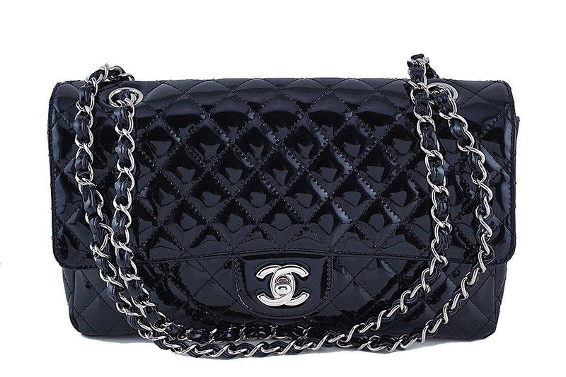 Chanel Black Glossy Patent Quilted Classic Label Flap Bag - Boutique Patina