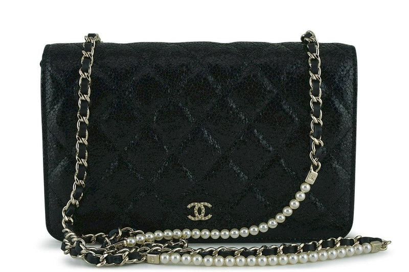 New Chanel Black Rare Fantasy Pearls Wallet on Chain WOC Flap Bag