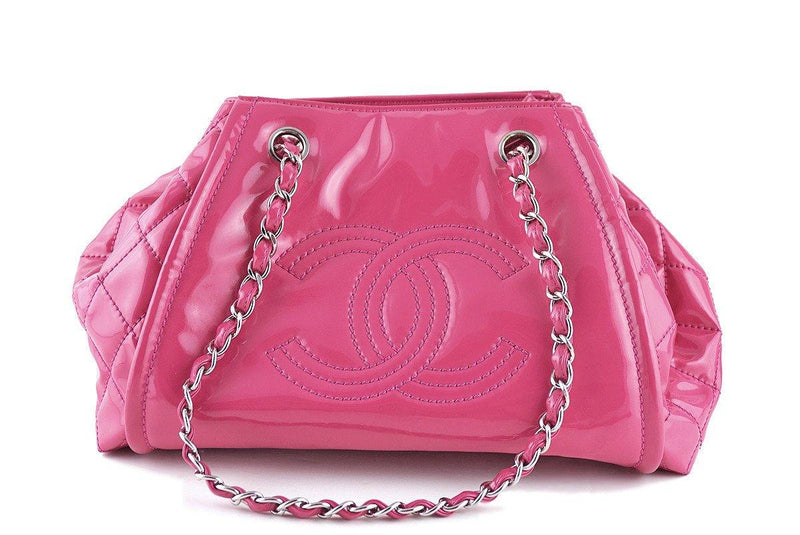Chanel Fuchsia Pink Patent Small Logo Shopper Tote Bag - Boutique Patina