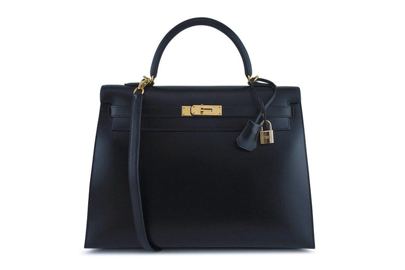 Hermes Black 35cm Box calf Kelly Sellier Bag - Boutique Patina