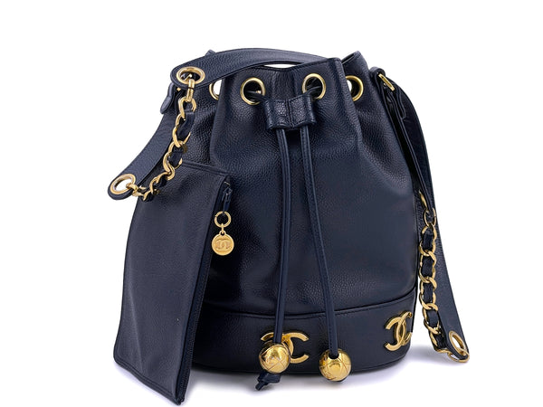 Chanel Vintage Navy Blue Caviar Small Classic Bucket Drawstring Bag 24k GHW - Boutique Patina
