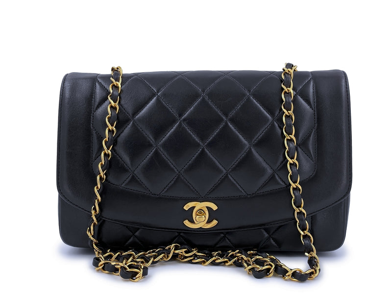 Vintage Chanel Medium Diana Flap Bag Black and Beige Lambskin Gold