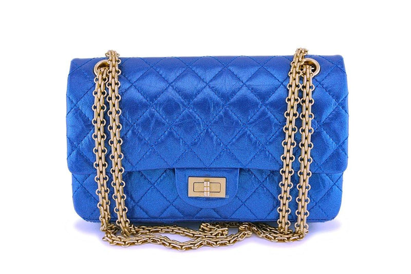 A BLUE IRIDESCENT LAMBSKIN LEATHER SMALL CLASSIC FLAP BAG & A SET