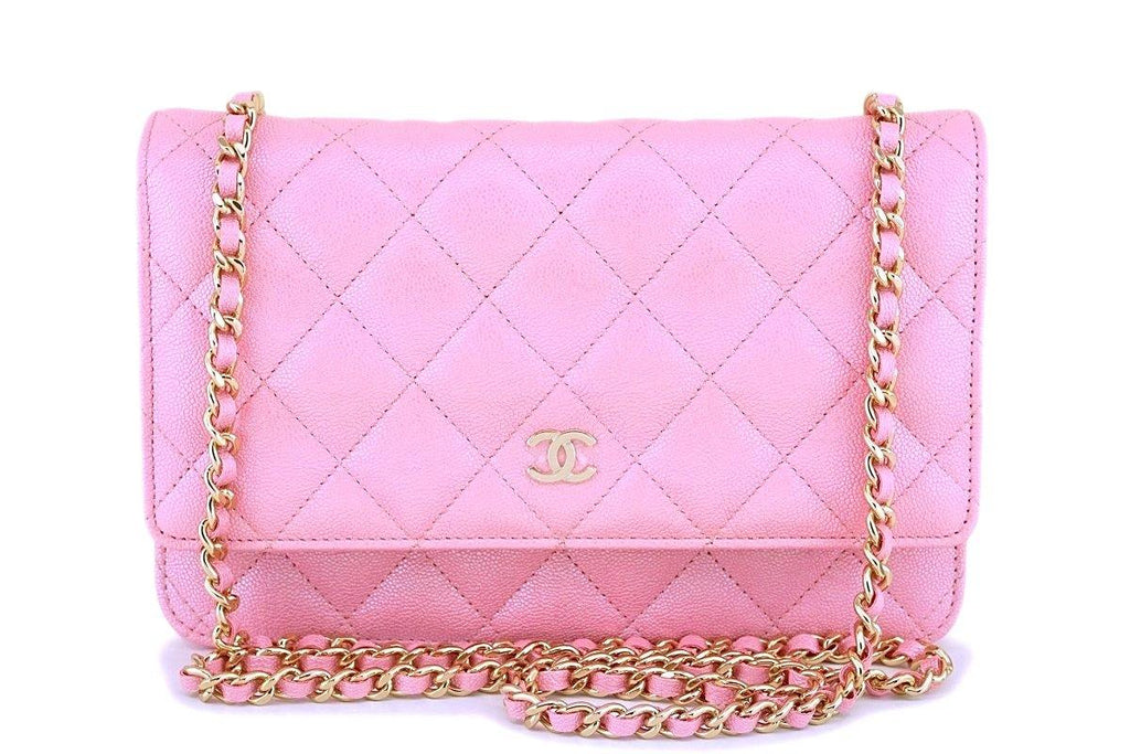 NWT Chanel 19K Pink Iridescent Grained Lambskin Wallet on Chain Flap Bag  Pearl
