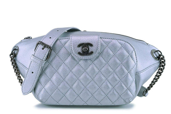 Chanel Silver Calfskin Front Pocket Belt Bag Fanny Pack RHW - Boutique Patina