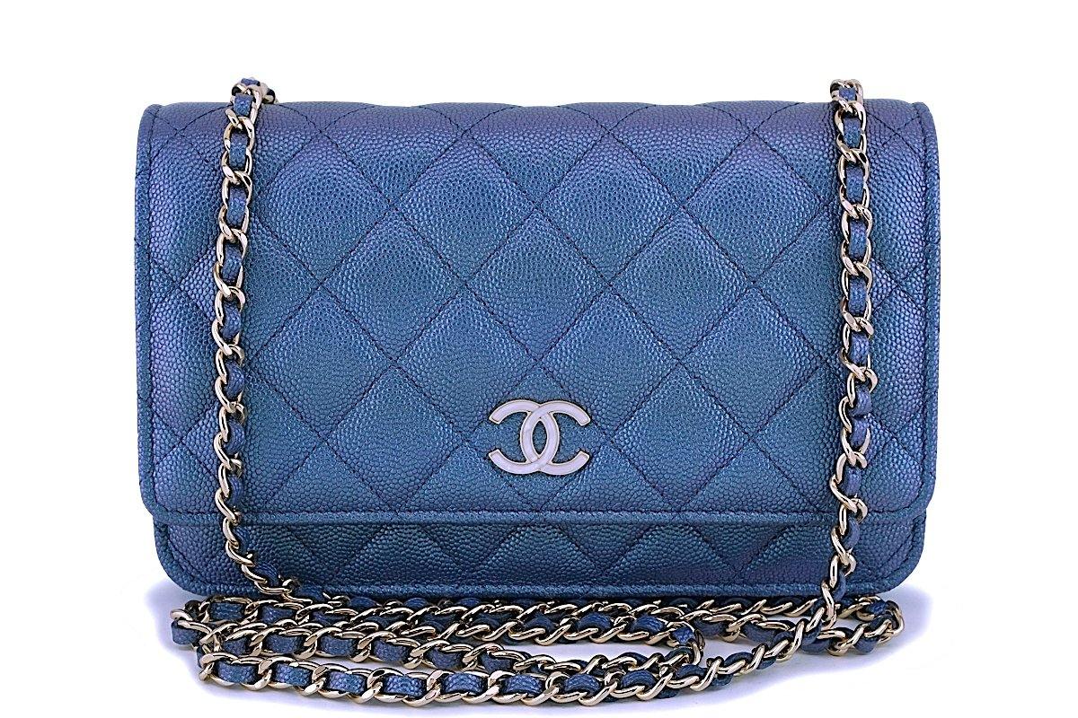 NIB 19S Chanel Iridescent Blue Pearly CC Wallet on Chain WOC Flap Bag Boutique Patina