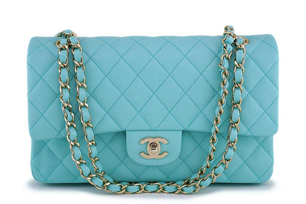 NIB 19C Chanel Lt Turquoise Blue Caviar Medium Classic Double Flap Bag GHW - Boutique Patina