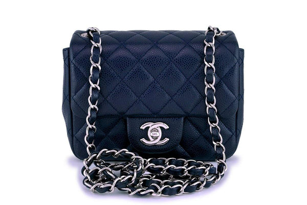 Chanel Navy Blue Caviar Square Mini Classic Flap Bag SHW - Boutique Patina