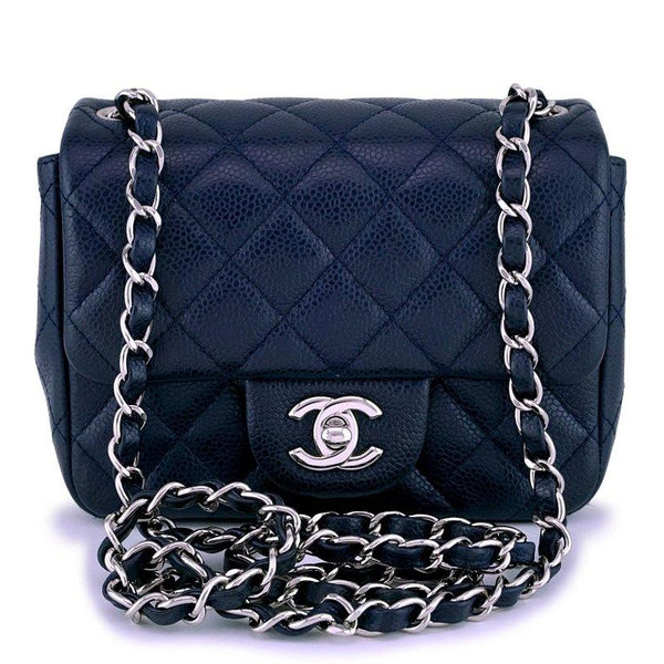 Chanel Navy Blue Caviar Square Mini Classic Flap Bag SHW
