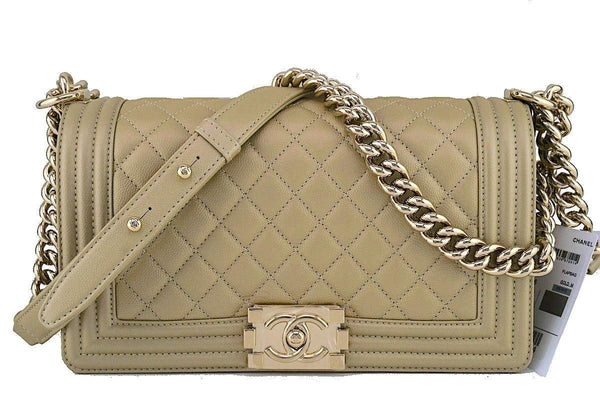 NWT 17S Chanel Pale Gold Le Boy Classic Flap, Medium Caviar Bag - Boutique Patina