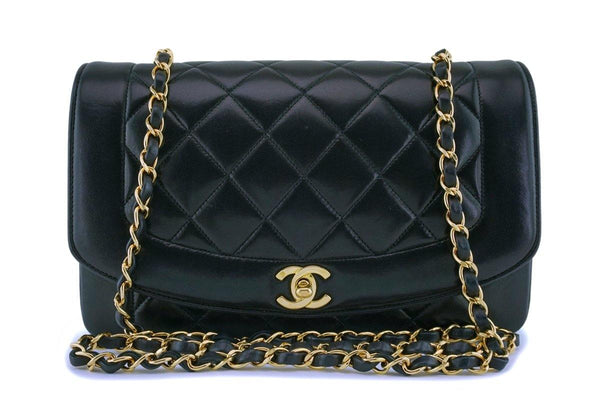 Chanel Black Vintage Lambskin Medium Diana Classic Flap Bag 24k GHW - Boutique Patina