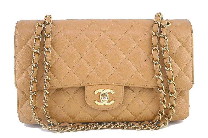 Chanel Brown Classic Medium Lambskin lined Flap Bag Beige Leather
