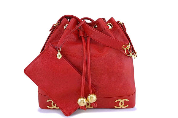 Chanel Vintage Red Caviar CC Drawstring Bucket Bag 24k GHW - Boutique Patina